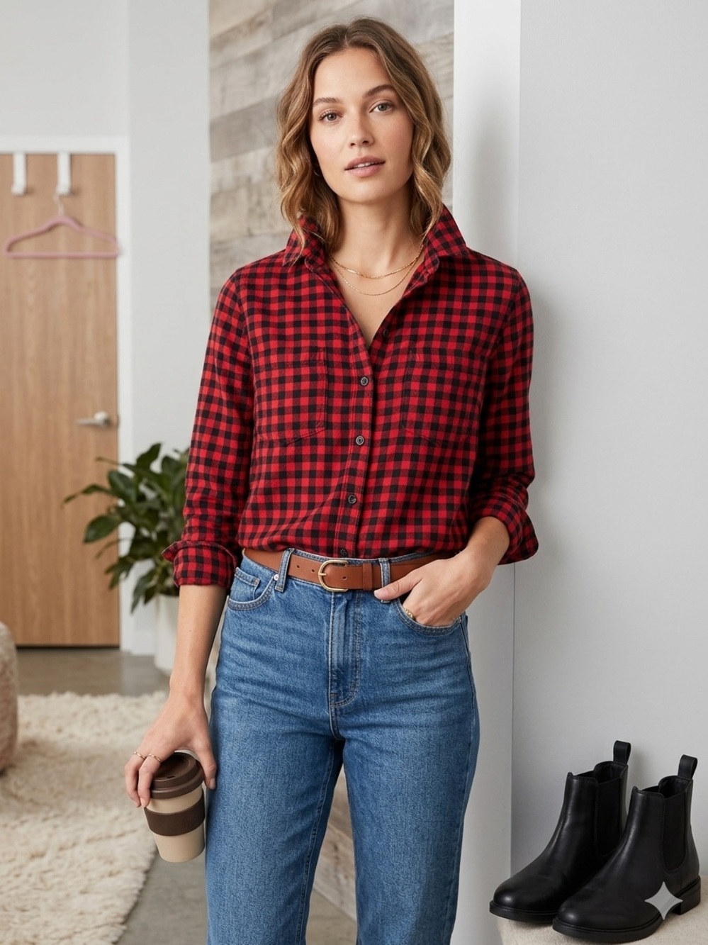 Old Navy Red Black Buffalo Plaid Button Down Shirt Small